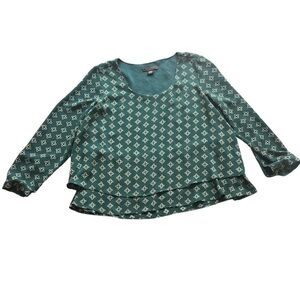 Metaphor Teal Geometric Printed Hem Layered Blouse Top Size XS 3/4 Sleeve